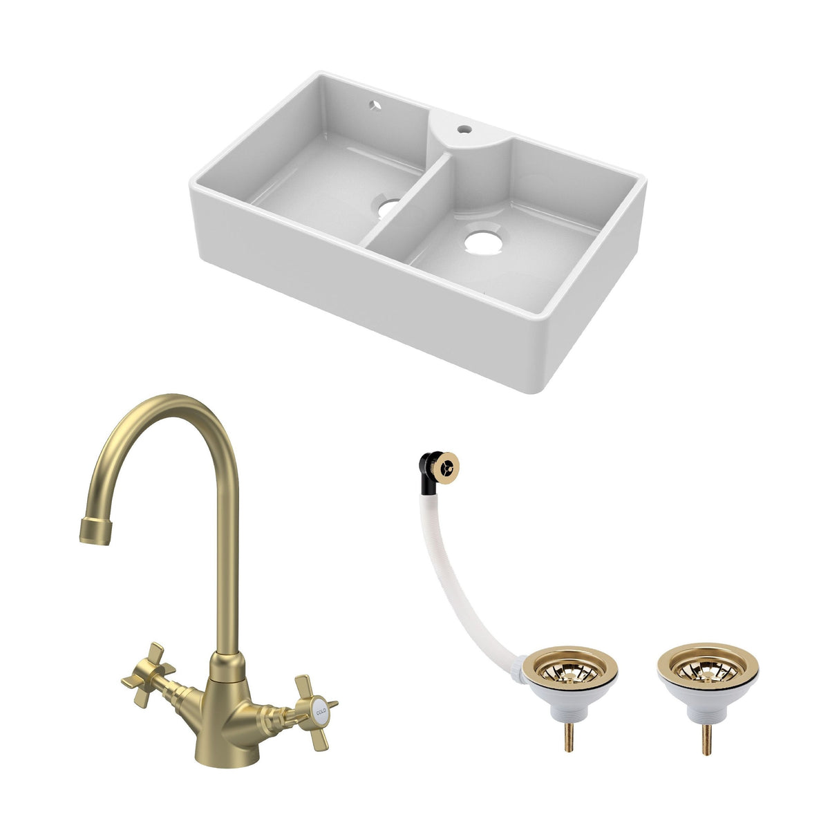 [BKS217WT11] Traditional Fireclay Kitchen Sink Bundle: Double Bowl Butler 1 Tap Hole Design with Wastes & Mono Tap, 895mm - Brushed Brass - Cutout