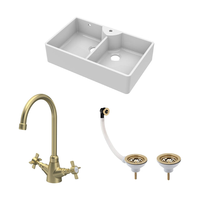 [BKS217WT11] Traditional Fireclay Kitchen Sink Bundle: Double Bowl Butler 1 Tap Hole Design with Wastes & Mono Tap, 895mm - Brushed Brass - Cutout