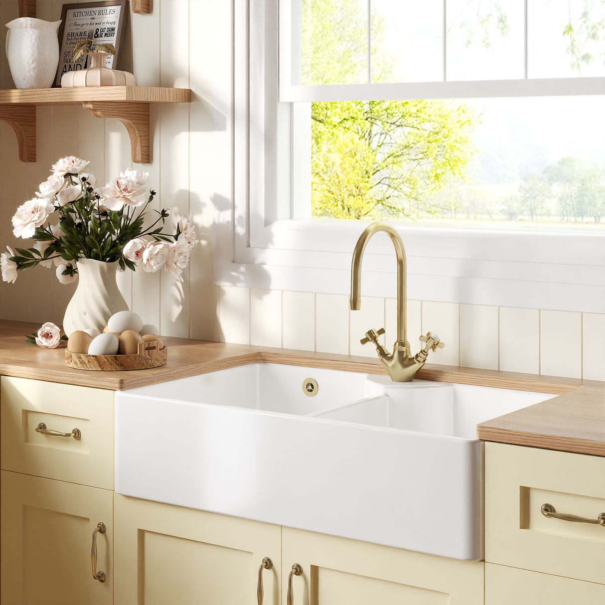 [BKS217WT11] Traditional Fireclay Kitchen Sink Bundle: Double Bowl Butler 1 Tap Hole Design with Wastes & Mono Tap, 895mm - Brushed Brass - Lifestyle 3
