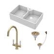 [BKS217WT12] Traditional Fireclay Kitchen Sink Bundle: Double Bowl Butler 1 Tap Hole, Wastes & Mono Tap, 895mm - Brushed Brass - Cutout
