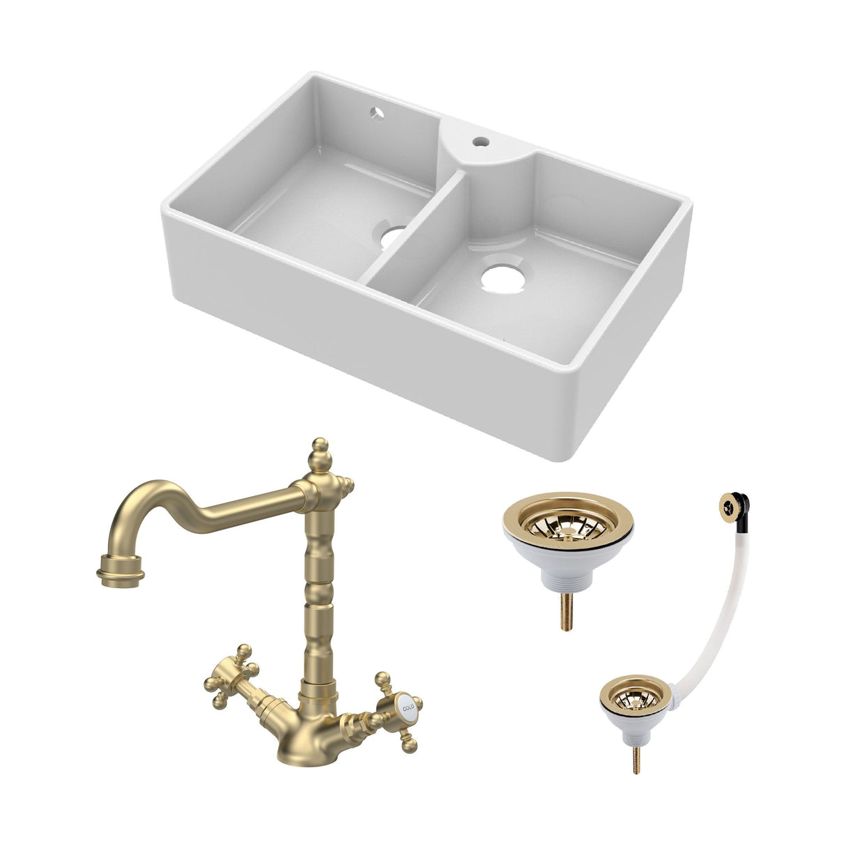 [BKS217WT13] Traditional Fireclay Kitchen Sink Bundle: Double Bowl Butler 1 Tap Hole, Wastes & Classic Tap, 895mm - Brushed Brass - Cutout