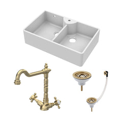 [BKS217WT13] Traditional Fireclay Kitchen Sink Bundle: Double Bowl Butler 1 Tap Hole, Wastes & Classic Tap, 895mm - Brushed Brass - Cutout