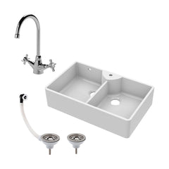 [BKS217WT2] Traditional Double Bowl Fireclay Ceramic Butler Kitchen Sink Bundle with Overflow, Mixer Tap & Wastes - 895mm - Cutout