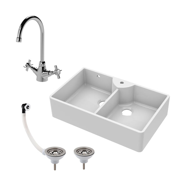 [BKS217WT2] Traditional Double Bowl Fireclay Ceramic Butler Kitchen Sink Bundle with Overflow, Mixer Tap & Wastes - 895mm - Cutout