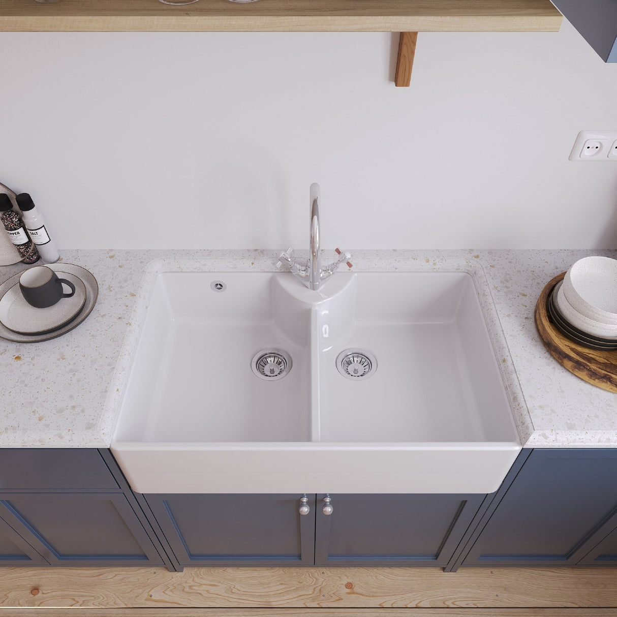 [BKS217WT2] Traditional Double Bowl Fireclay Ceramic Butler Kitchen Sink Bundle with Overflow, Mixer Tap & Wastes - 895mm - Lifestyle 2
