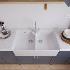 [BKS217WT2] Traditional Double Bowl Fireclay Ceramic Butler Kitchen Sink Bundle with Overflow, Mixer Tap & Wastes - 895mm - Lifestyle 2