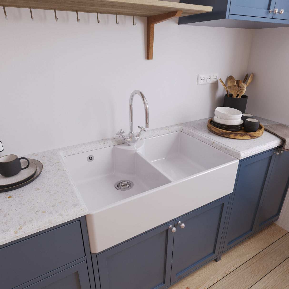 [BKS217WT2] Traditional Double Bowl Fireclay Ceramic Butler Kitchen Sink Bundle with Overflow, Mixer Tap & Wastes - 895mm - Lifestyle 3