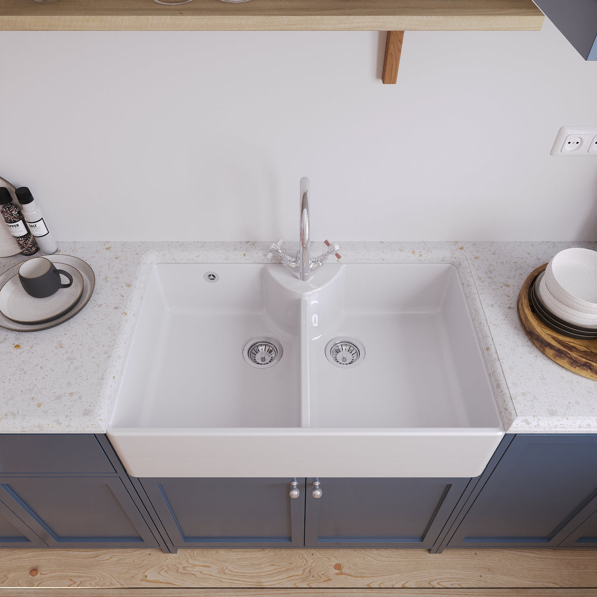 Double Bowl Fireclay Ceramic Butler Kitchen Sink Bundle with Overflow, Mixer Tap & Wastes