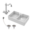 [BKS217WT4] Traditional Double Bowl Fireclay Butler Kitchen Sink Bundle with Overflow, Classic Tap & Wastes - 895mm - Cutout