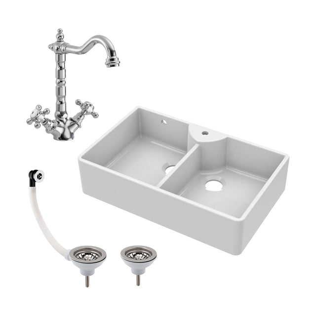 [BKS217WT4] Traditional Double Bowl Fireclay Butler Kitchen Sink Bundle with Overflow, Classic Tap & Wastes - 895mm - Cutout