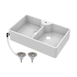 [BKS217W] Traditional Double Bowl Fireclay Ceramic Butler Kitchen Sink with Stepped Weir, Tap Hole & Overflow and Chrome Basket Strainer Wastes - 895mm - Cutout