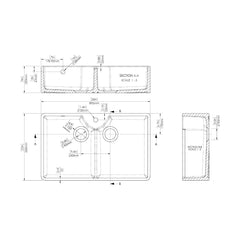 [BKS217W] Traditional Double Bowl Fireclay Ceramic Butler Kitchen Sink with Stepped Weir, Tap Hole & Overflow and Chrome Basket Strainer Wastes - 895mm - Technical Drawing
