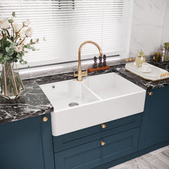 [BKS217W] Traditional Double Bowl Fireclay Ceramic Butler Kitchen Sink with Stepped Weir, Tap Hole & Overflow and Chrome Basket Strainer Wastes - 895mm - Lifestyle 3