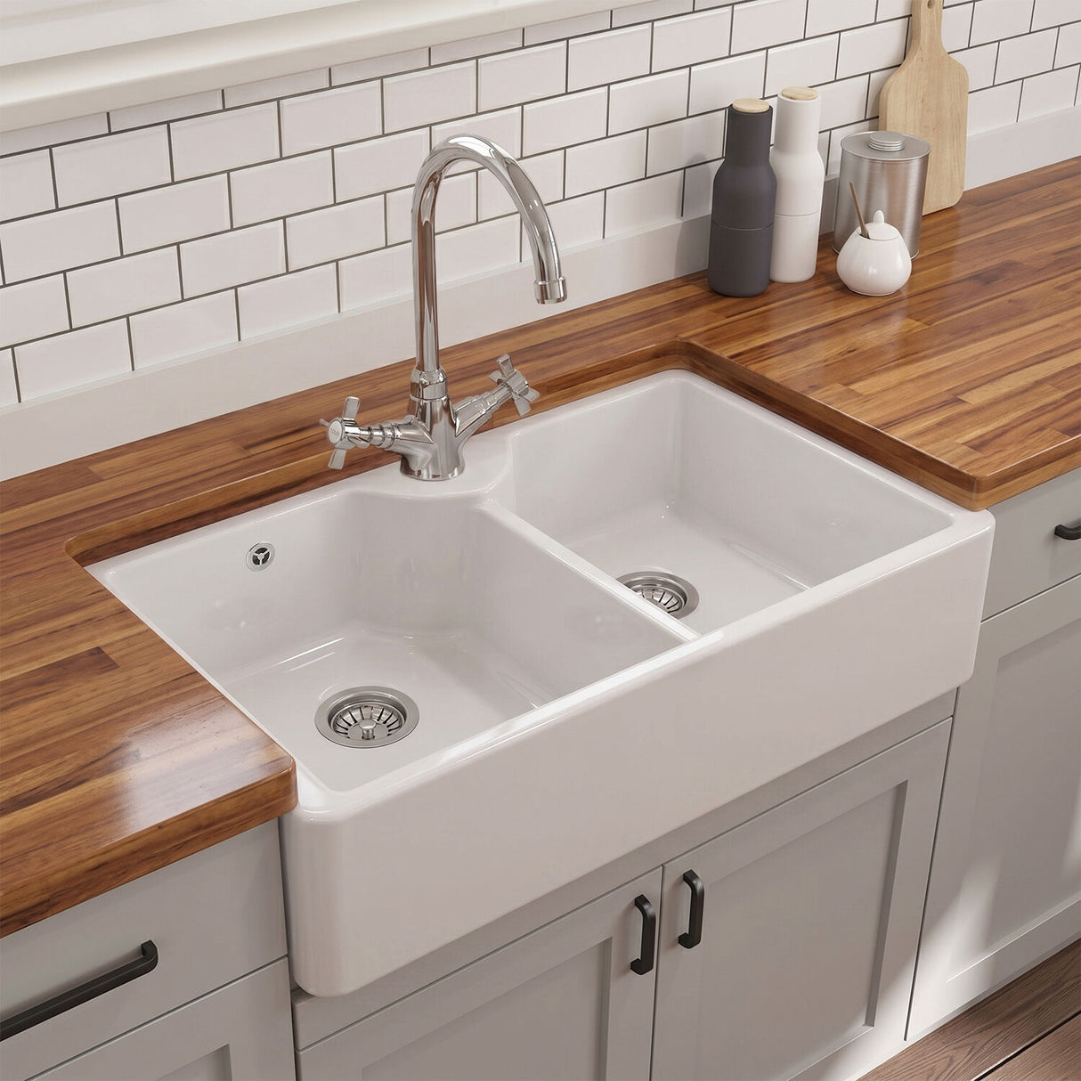 [BKS217W] Traditional Double Bowl Fireclay Ceramic Butler Kitchen Sink with Stepped Weir, Tap Hole & Overflow and Chrome Basket Strainer Wastes - 895mm - Silo