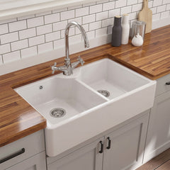 [BKS217W] Traditional Double Bowl Fireclay Ceramic Butler Kitchen Sink with Stepped Weir, Tap Hole & Overflow and Chrome Basket Strainer Wastes - 895mm - Silo