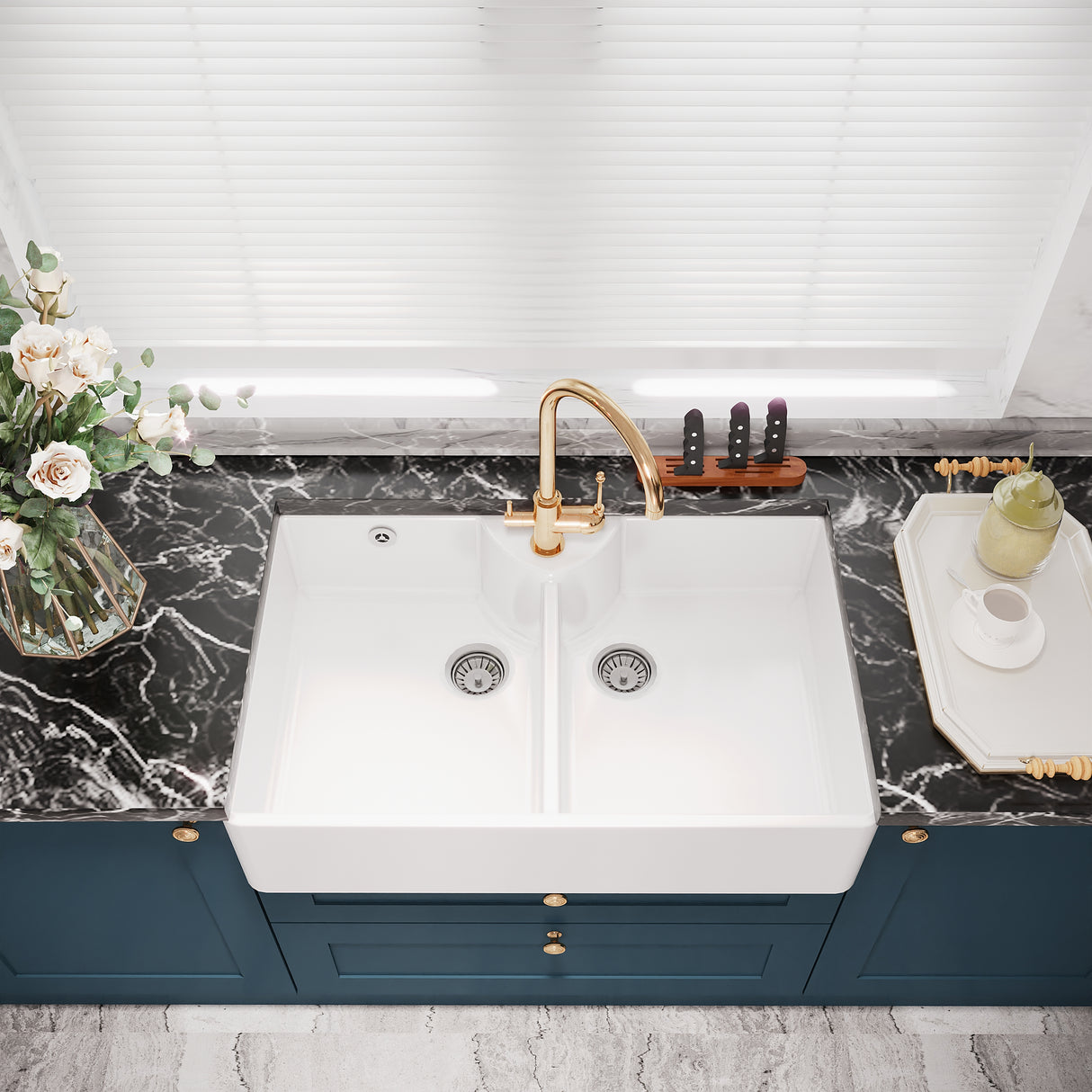 Double Bowl Fireclay Ceramic Butler Kitchen Sink with Stepped Weir, Tap Hole & Waste