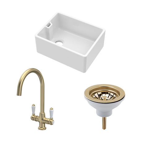 [BKS218WT12] Traditional Fireclay Kitchen Bundle: 1 Bowl Belfast Butler Sink with Strainer Waste & Mono Lever Tap, 595mm - Brushed Brass - Cutout