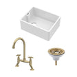 [BKS218WT14] Fireclay Kitchen Bundle - Single Bowl Belfast Sink, Strainer Waste & Bridge Crosshead Tap, 595mm - Brushed Brass - Cutout
