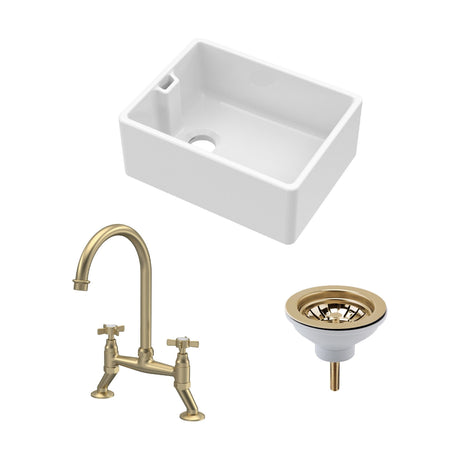 [BKS218WT14] Fireclay Kitchen Bundle - Single Bowl Belfast Sink, Strainer Waste & Bridge Crosshead Tap, 595mm - Brushed Brass - Cutout
