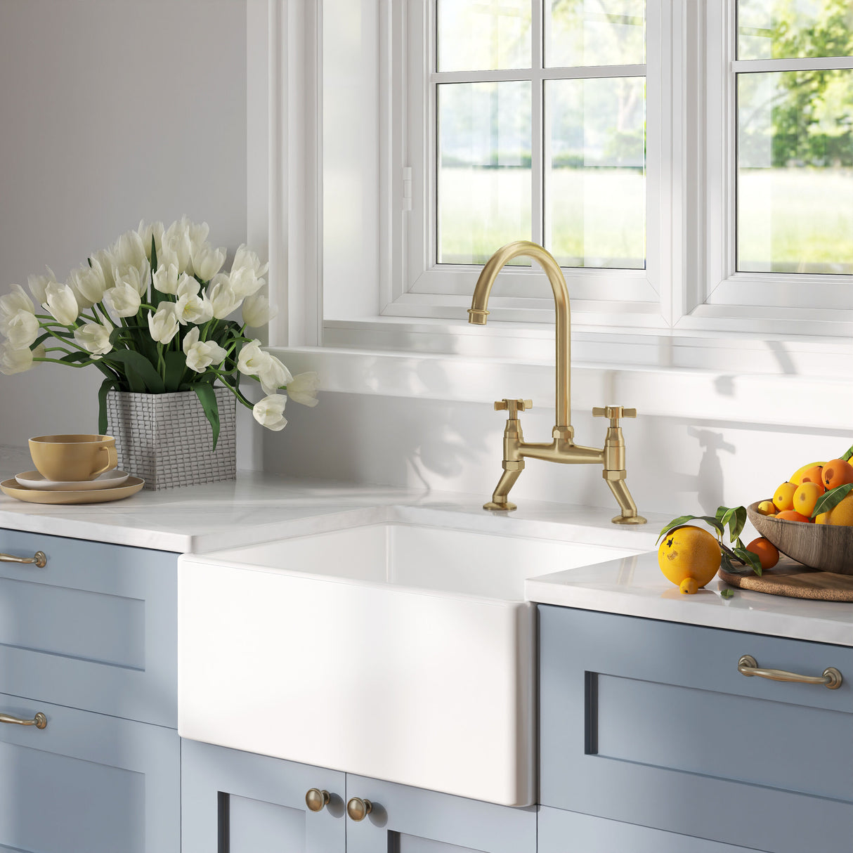 [BKS218WT14] Fireclay Kitchen Bundle - Single Bowl Belfast Sink, Strainer Waste & Bridge Crosshead Tap, 595mm - Brushed Brass - Lifestyle 3