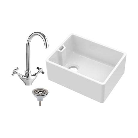 [BKS218WT2] Single Bowl Fireclay Belfast Sink Bundle with Basket Strainer Waste & Mono Kitchen Sink Mixer Tap - 595mm - Cutout
