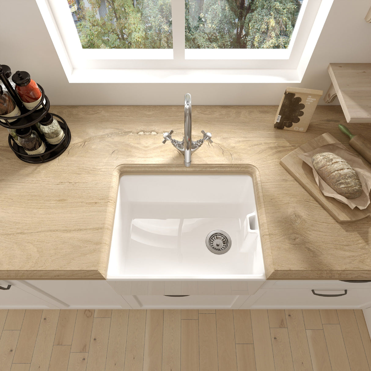 [BKS218WT2] Single Bowl Fireclay Belfast Sink Bundle with Basket Strainer Waste & Mono Kitchen Sink Mixer Tap - 595mm - Lifestyle 2