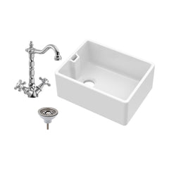 [BKS218WT4] Single Bowl Fireclay Ceramic Belfast Kitchen Sink Bundle French Classic Tap & Waste - Cutout