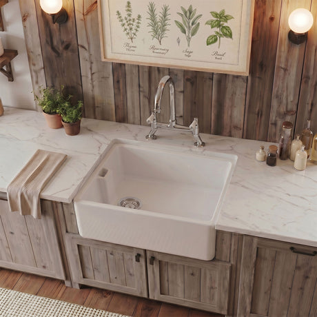 [BKS218WT5] Traditional Fireclay Kitchen Bundle: Single Bowl Belfast Sink, Strainer Waste & Bridge Mixer Tap, 595mm - Chrome - Silo