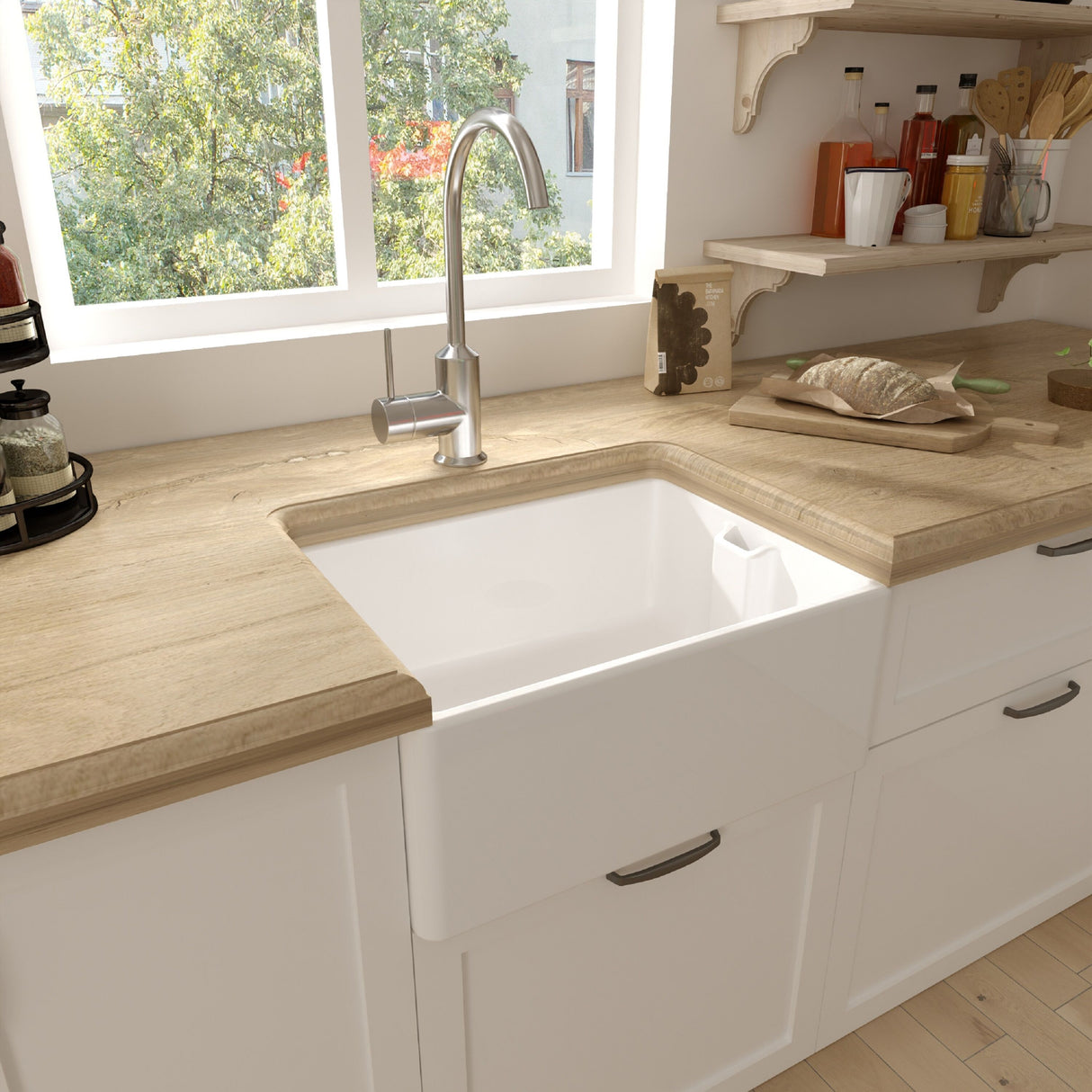[BKS218W] Traditional Single Bowl Fireclay Ceramic Belfast Kitchen Sink with Chrome Basket Strainer Waste - 595mm - Lifestyle 3
