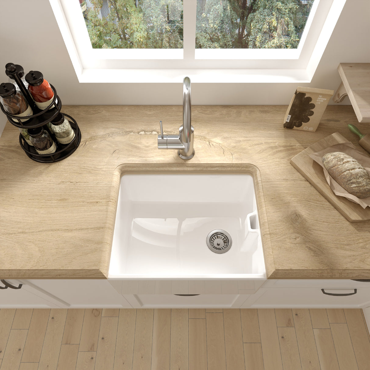 Single Bowl Fireclay Ceramic Belfast Kitchen Sink with Built In Overflow - 595mm - Multiple Colours