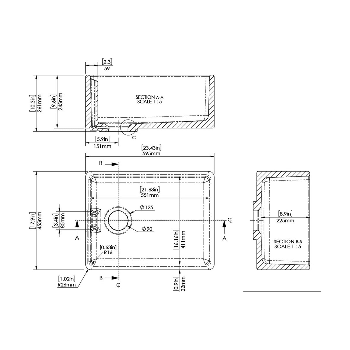 [BKS218] Single Bowl Fireclay Ceramic Belfast Kitchen Sink - Multiple Sizes Available - Technical Drawing