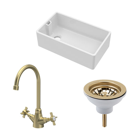 [BKS220WT11] Traditional Fireclay Kitchen Bundle: 1 Bowl Belfast Sink with Strainer Waste & Mono Crosshead Tap, 795mm - Brushed Brass - Cutout