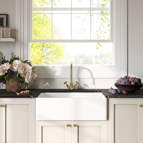 [BKS220WT11] Traditional Fireclay Kitchen Bundle: 1 Bowl Belfast Sink with Strainer Waste & Mono Crosshead Tap, 795mm - Brushed Brass - Lifestyle 1