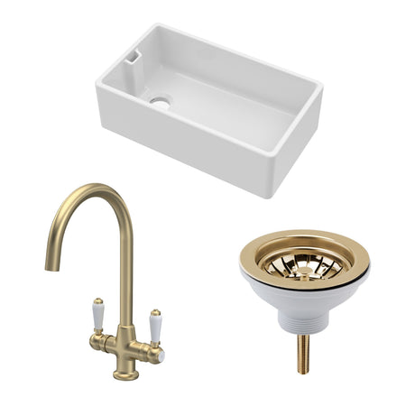 Fireclay Kitchen Bundle - 795mm 1 Bowl Belfast Sink with Strainer Waste & Mono Lever Tap, Brushed Brass