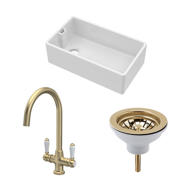 [BKS220WT12] Traditional Fireclay Kitchen Bundle: Single Bowl Belfast Sink with Strainer Waste & Mono Lever Tap, 795mm - Brushed Brass - Cutout