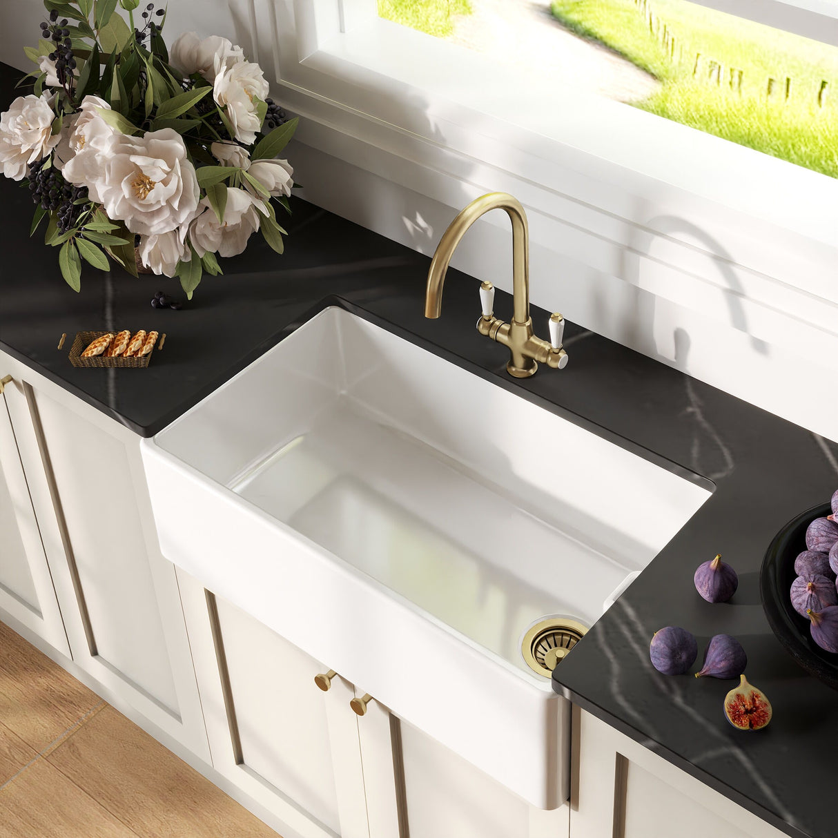 [BKS220WT12] Traditional Fireclay Kitchen Bundle: Single Bowl Belfast Sink with Strainer Waste & Mono Lever Tap, 795mm - Brushed Brass - Lifestyle 2