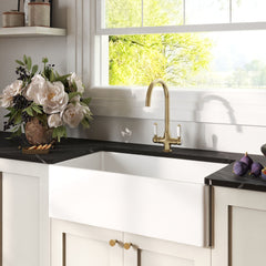 [BKS220WT12] Traditional Fireclay Kitchen Bundle: Single Bowl Belfast Sink with Strainer Waste & Mono Lever Tap, 795mm - Brushed Brass - Lifestyle 3