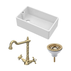 [BKS220WT13] Traditional Fireclay Kitchen Bundle: 1 Bowl Belfast Sink with Strainer Waste & French Classic Tap, 795mm - Brushed Brass - Cutout