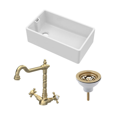 [BKS220WT13] Traditional Fireclay Kitchen Bundle: 1 Bowl Belfast Sink with Strainer Waste & French Classic Tap, 795mm - Brushed Brass - Cutout