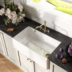 [BKS220WT13] Traditional Fireclay Kitchen Bundle: 1 Bowl Belfast Sink with Strainer Waste & French Classic Tap, 795mm - Brushed Brass - Lifestyle 2