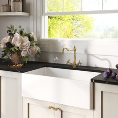 [BKS220WT13] Traditional Fireclay Kitchen Bundle: 1 Bowl Belfast Sink with Strainer Waste & French Classic Tap, 795mm - Brushed Brass - Lifestyle 3