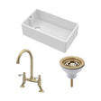 [BKS220WT15] Traditional Fireclay Kitchen Bundle: 1 Bowl Belfast Sink with Strainer Waste & Bridge Lever Tap, 795mm - Brushed Brass - Cutout