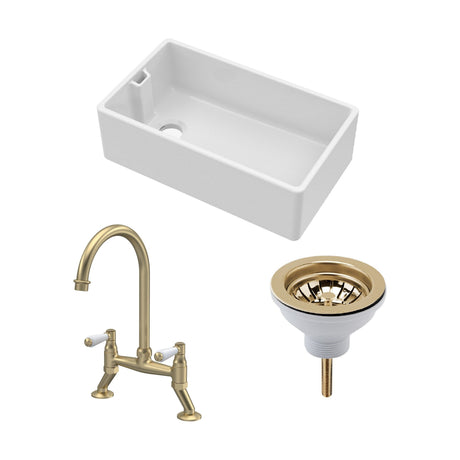 [BKS220WT15] Traditional Fireclay Kitchen Bundle: 1 Bowl Belfast Sink with Strainer Waste & Bridge Lever Tap, 795mm - Brushed Brass - Cutout