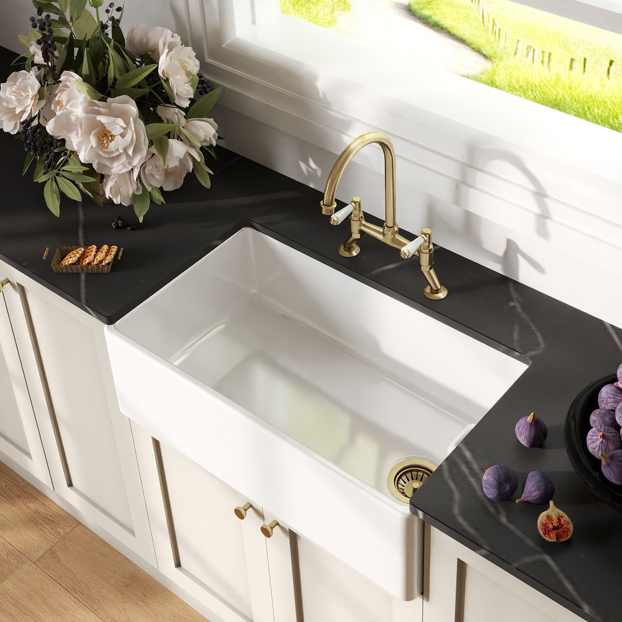 [BKS220WT15] Traditional Fireclay Kitchen Bundle: 1 Bowl Belfast Sink with Strainer Waste & Bridge Lever Tap, 795mm - Brushed Brass - Lifestyle 2