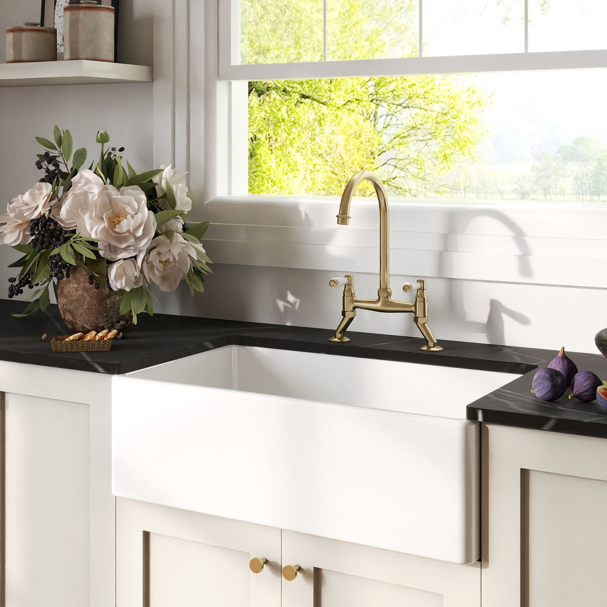 [BKS220WT15] Traditional Fireclay Kitchen Bundle: 1 Bowl Belfast Sink with Strainer Waste & Bridge Lever Tap, 795mm - Brushed Brass - Lifestyle 3