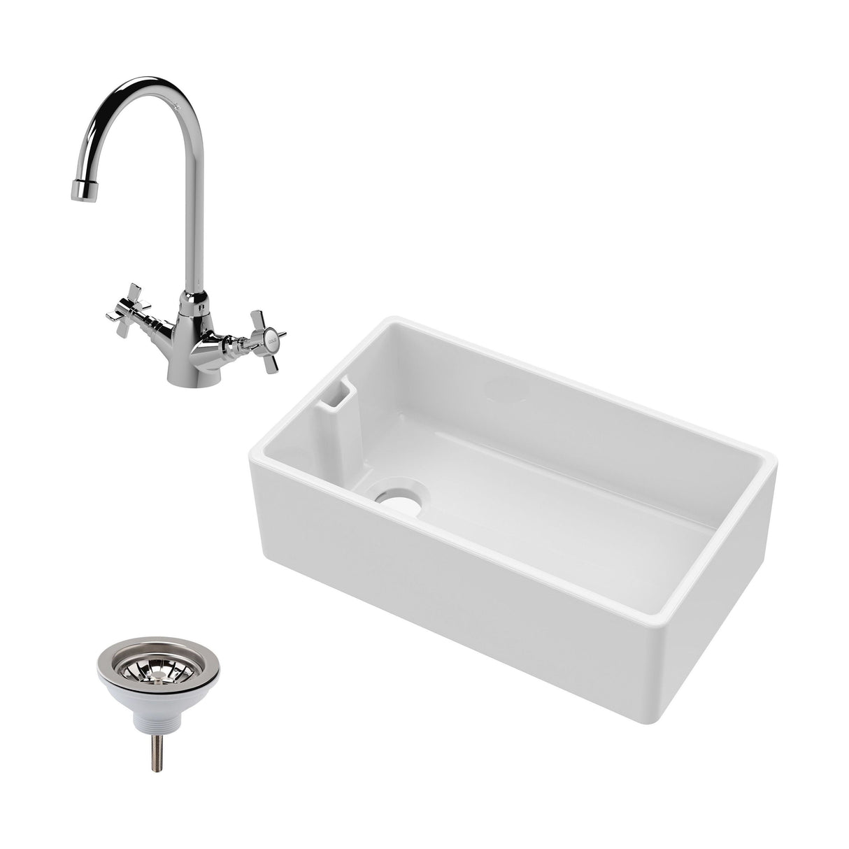 [BKS220WT2] Fireclay Belfast Kitchen Sink Bundle with Overflow, Mono Sink Mixer Tap & Waste - Cutout