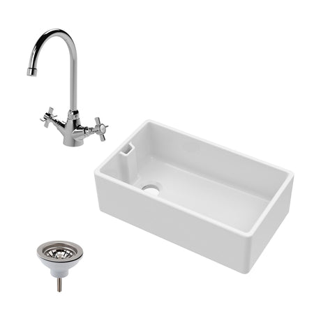 [BKS220WT2] Fireclay Belfast Kitchen Sink Bundle with Overflow, Mono Sink Mixer Tap & Waste - Cutout