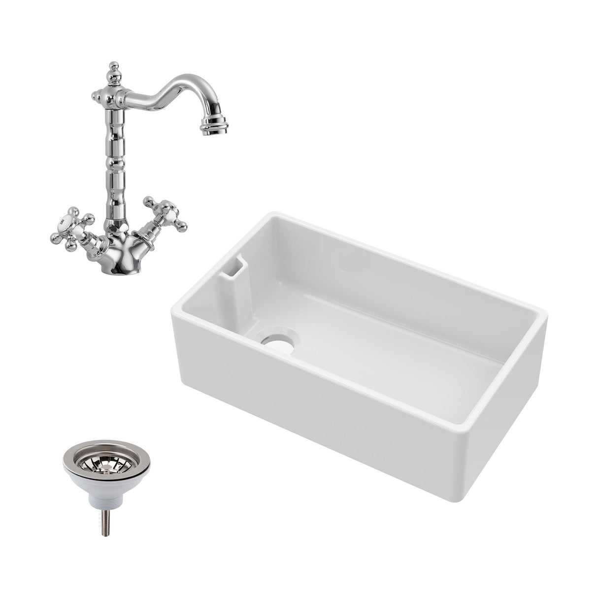 [BKS220WT4] Traditional Fireclay Ceramic Kitchen Belfast Sink Bundle with Overflow, French Classic Tap & Waste - 795mm - Cutout