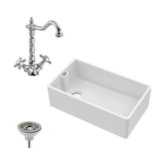 [BKS220WT4] Traditional Fireclay Ceramic Kitchen Belfast Sink Bundle with Overflow, French Classic Tap & Waste - 795mm - Cutout