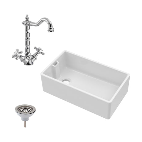 [BKS220WT4] Traditional Fireclay Ceramic Kitchen Belfast Sink Bundle with Overflow, French Classic Tap & Waste - 795mm - Cutout